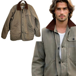 Men's Vintage R&R Chore Jacket Barn Coat Utility Corduroy Collar Khaki Brown 44